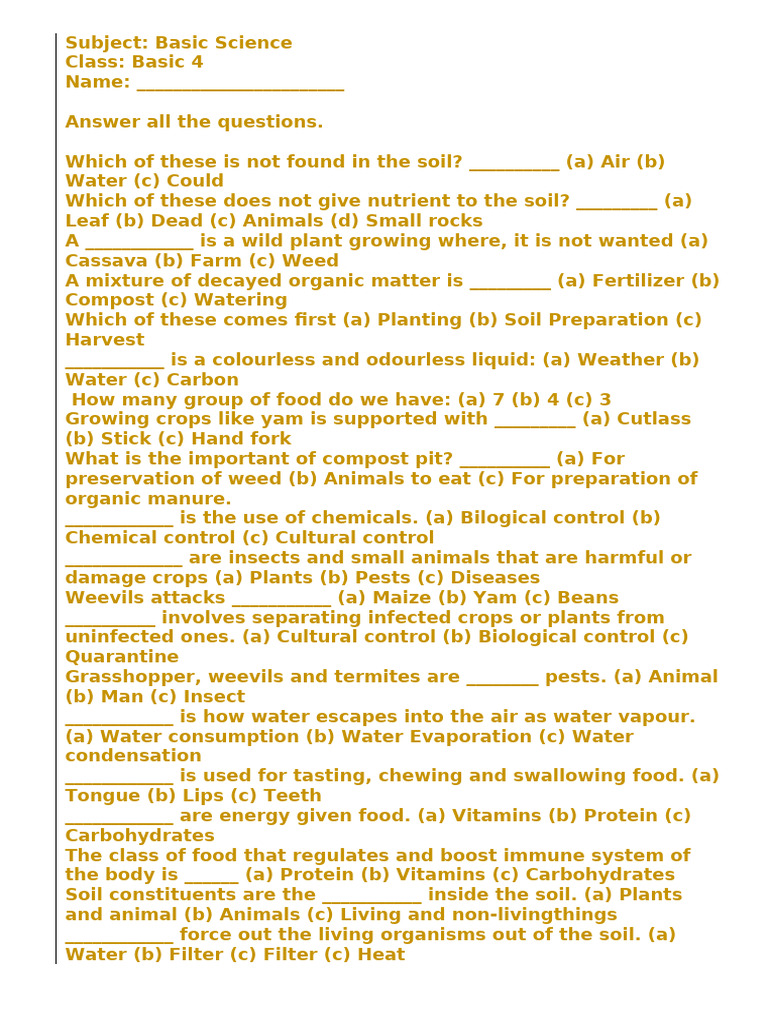 Basic Science and Social Studies Quiz | PDF | Foods | Compost