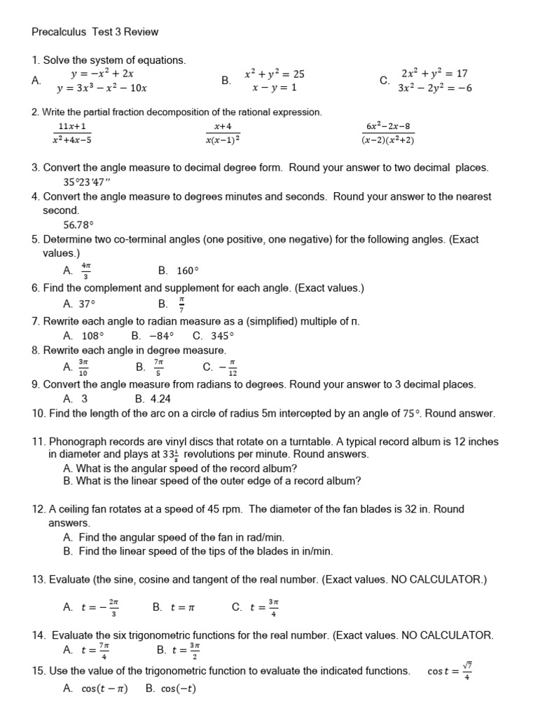 Precalculus Test 3 Review | PDF | Trigonometric Functions | Geometric ...