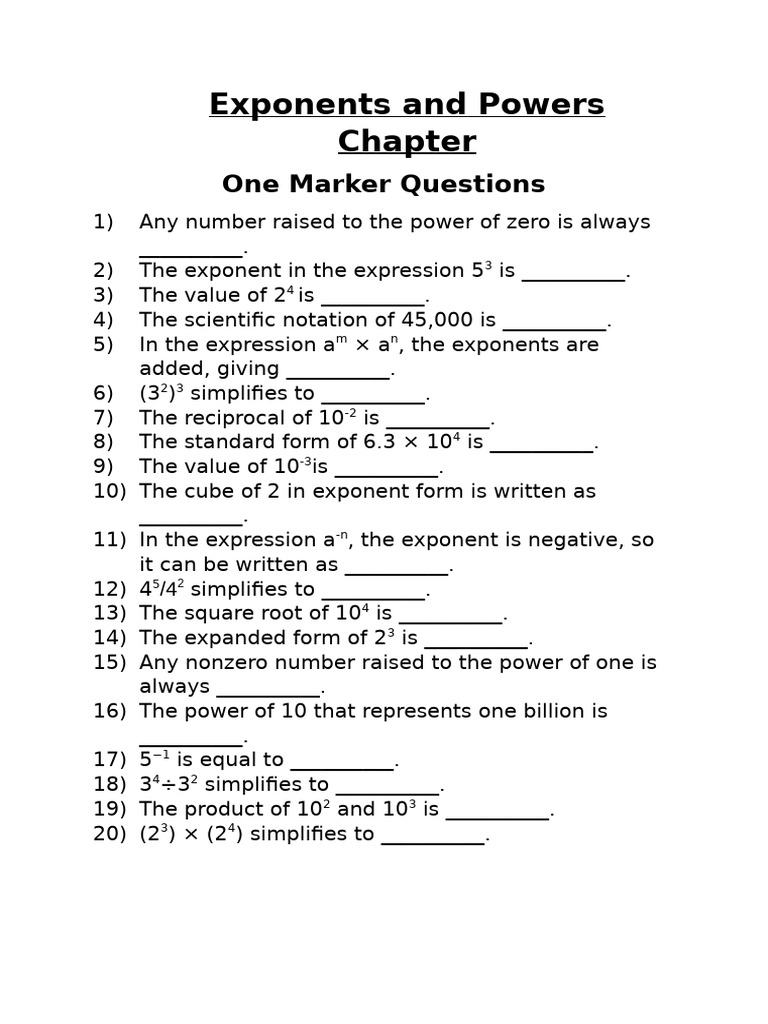 Exponents and Powers Quiz Questions | PDF