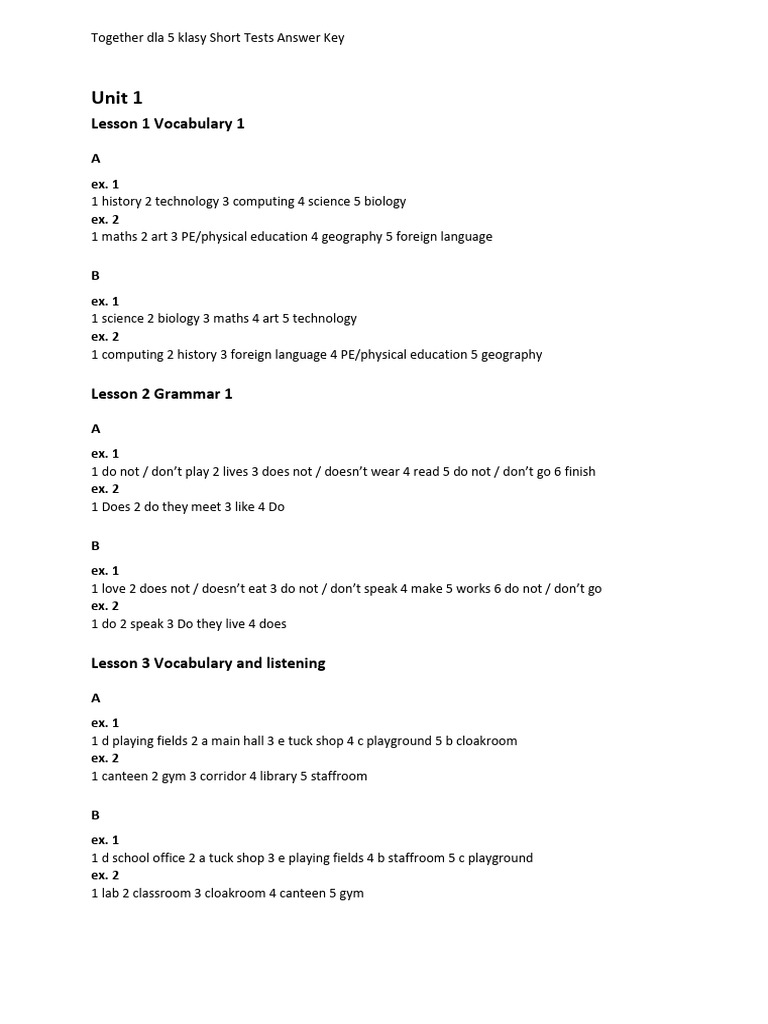 Together Kl5 Short Tests Answer Key | PDF