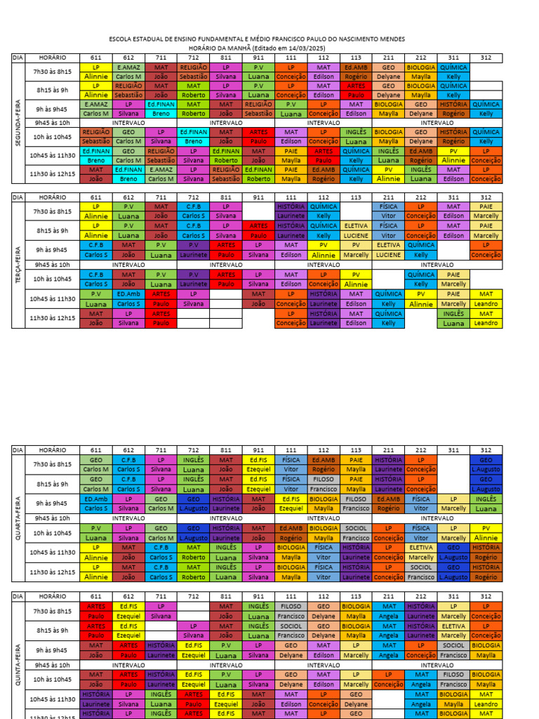 Horário de Aula Manhã 14.03 FPM 2025.1 | PDF