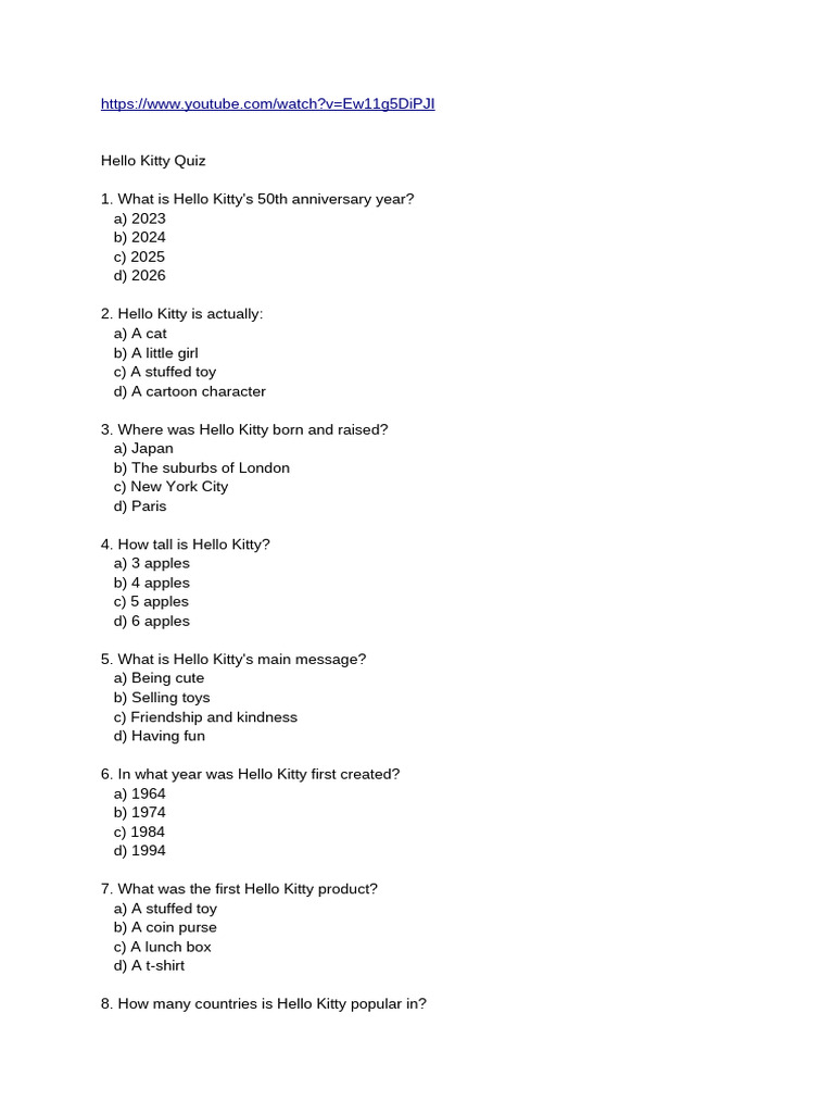 Hello Kitty Trivia Quiz Questions | PDF