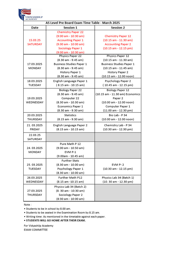 AS Level Pre Board Exam Schedule 2025 | PDF