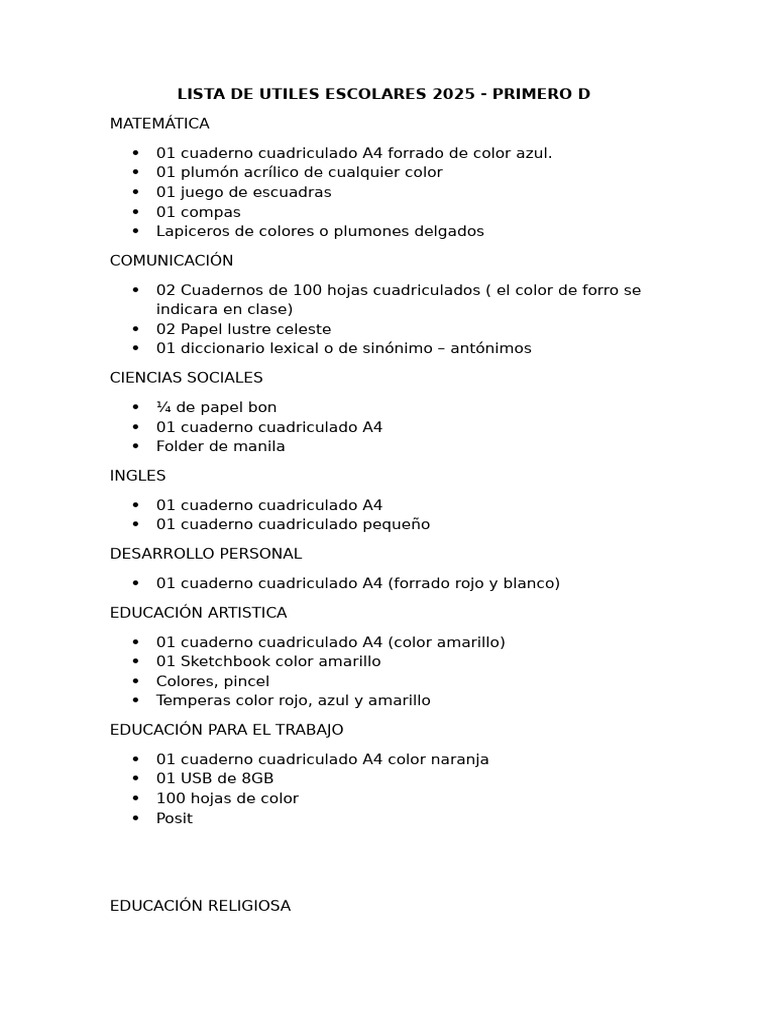 Lista de Útiles Escolares 2025 - Primero D | PDF