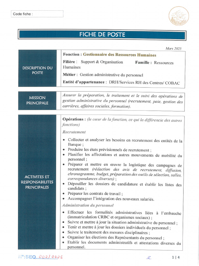 7 - Fiche de Poste Gestionnaire Des Ressources Humaines | PDF