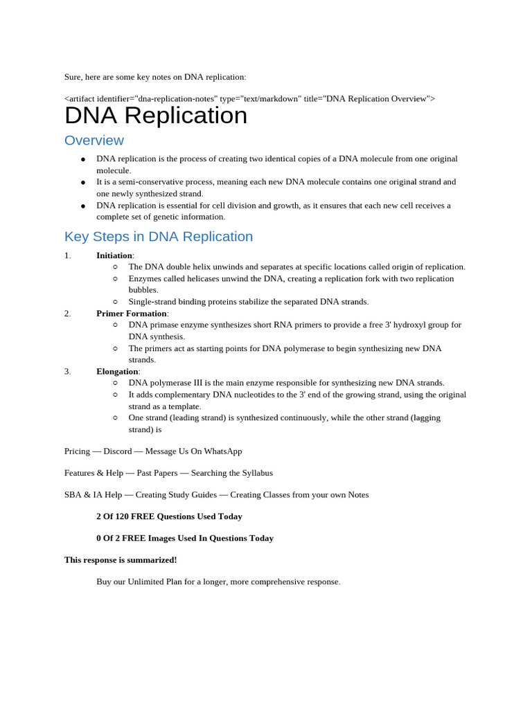 DNA Replication Key Notes | PDF