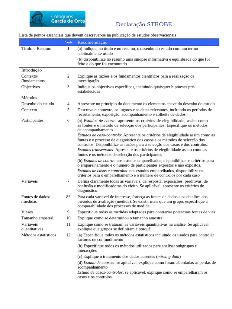 Strobe checklist portuguese pdf dados estat sticas
