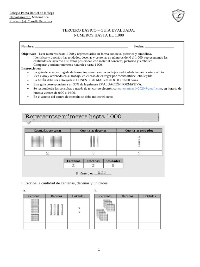 Guía de Matemáticas: Números hasta 1000 | PDF