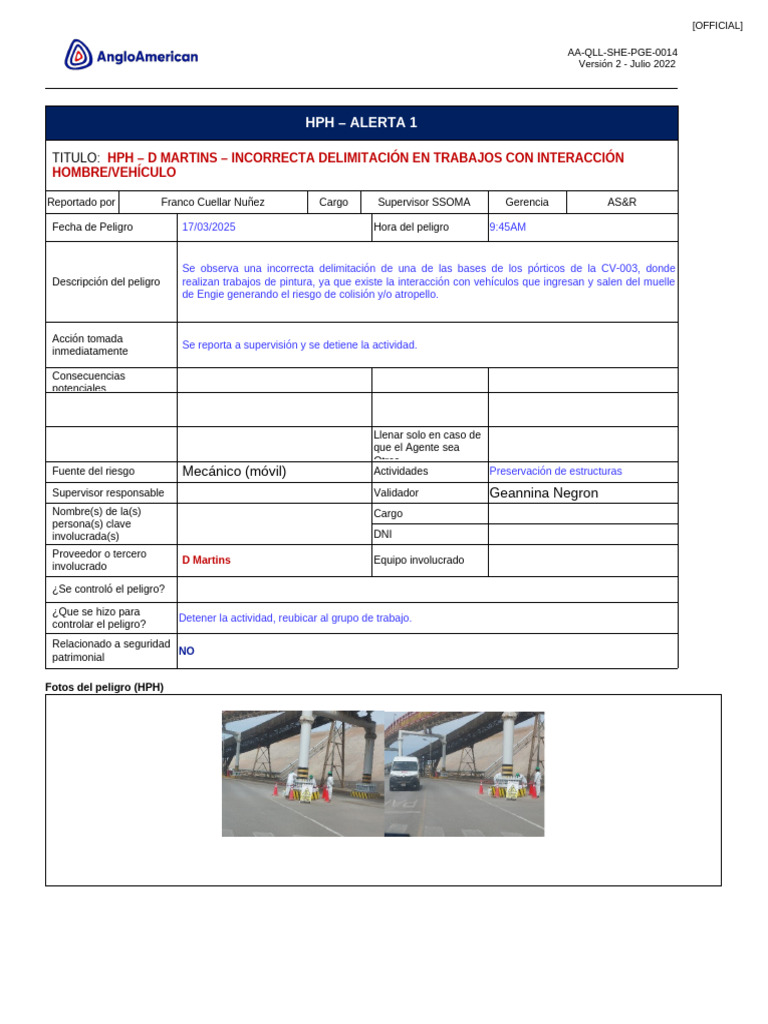 Alerta HPH: Riesgo en CV-003 | PDF