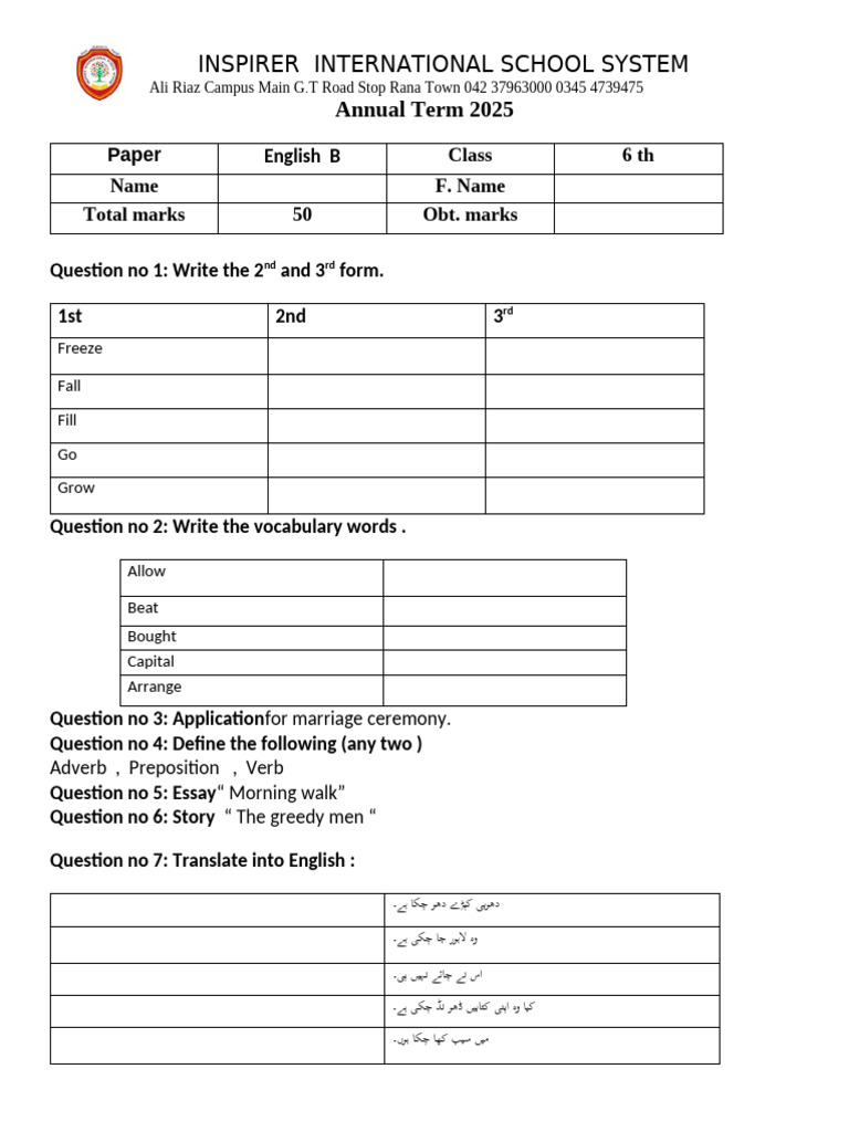 Final Tem Paper Eng B Class 6th | PDF