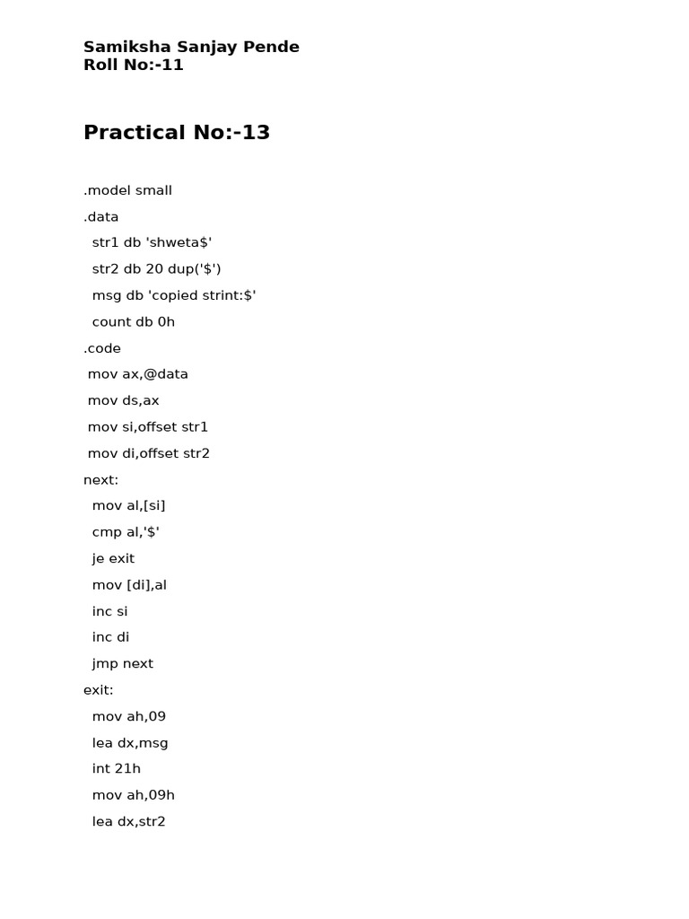 Assembly Language String Copy Example | PDF