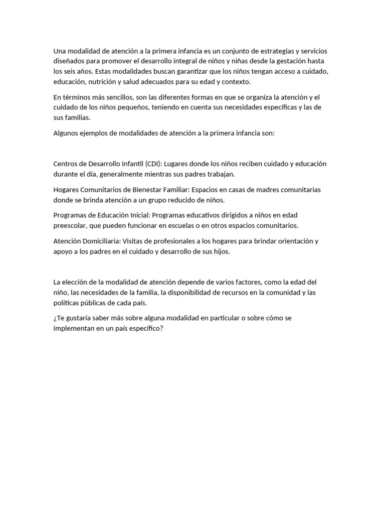 Modalidades de Atención a la Primera Infancia | PDF