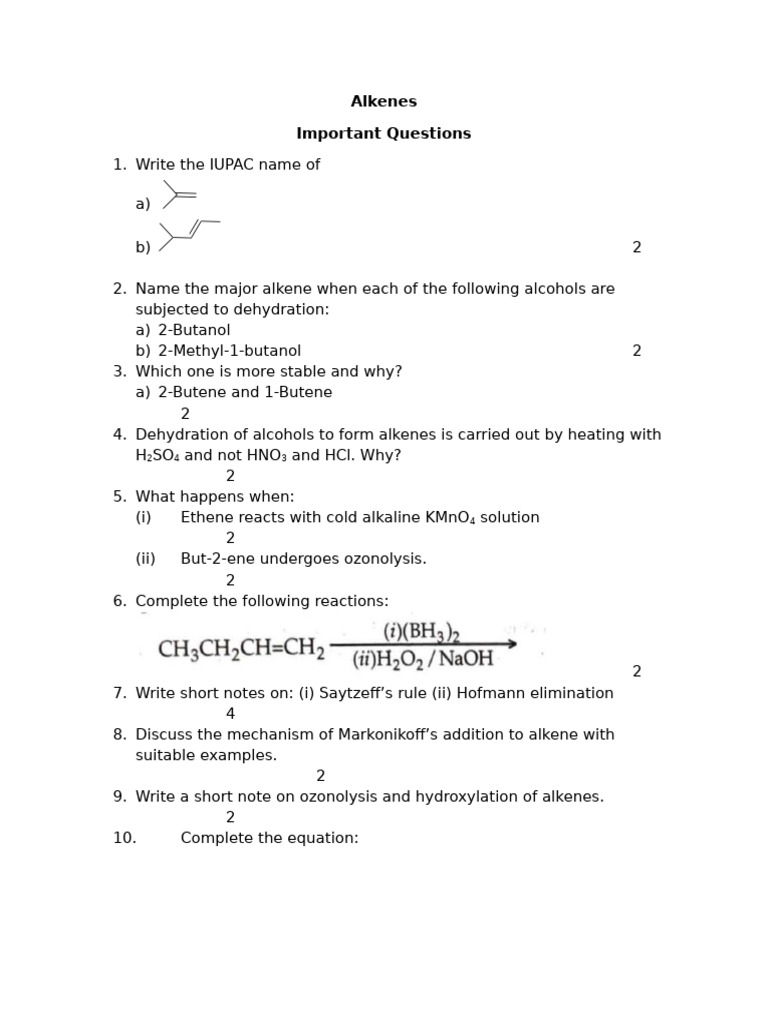 Alkenes-Important Questions | PDF