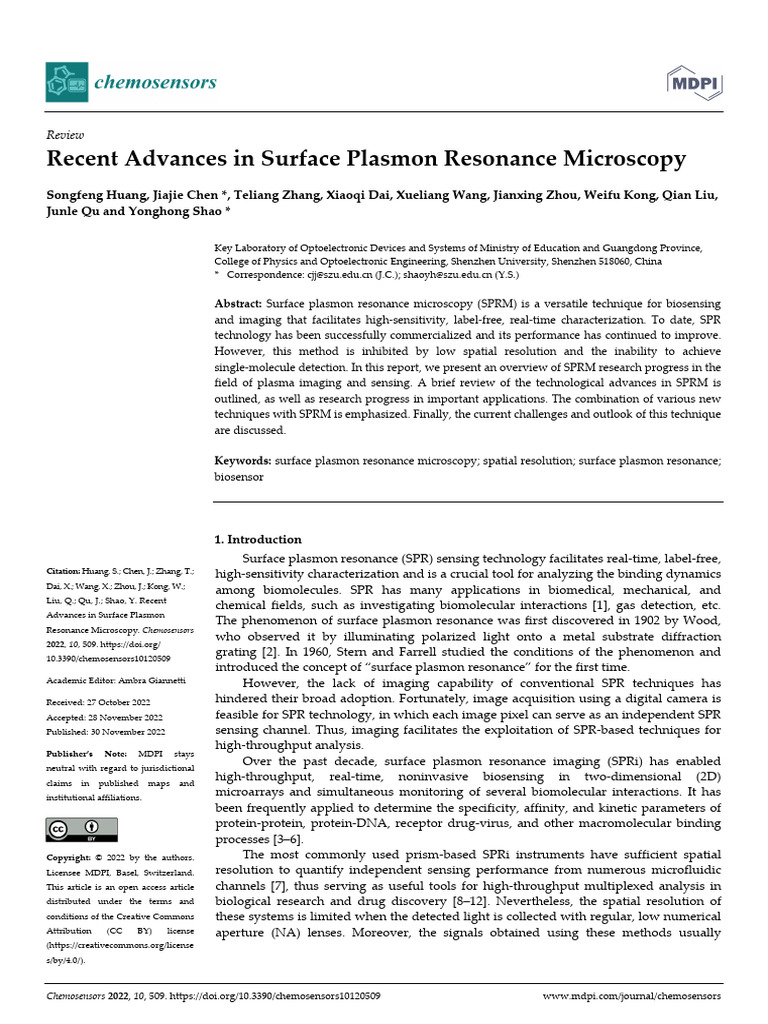 Recent Advances in Surface Plasmon Resonance Micro | PDF | Surface ...