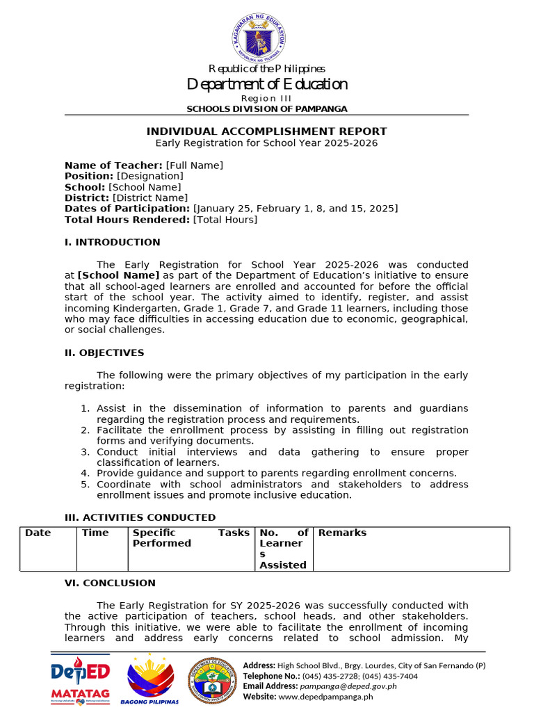 Individual Accomplishment Report: Early Registration 2025 | PDF | Learning