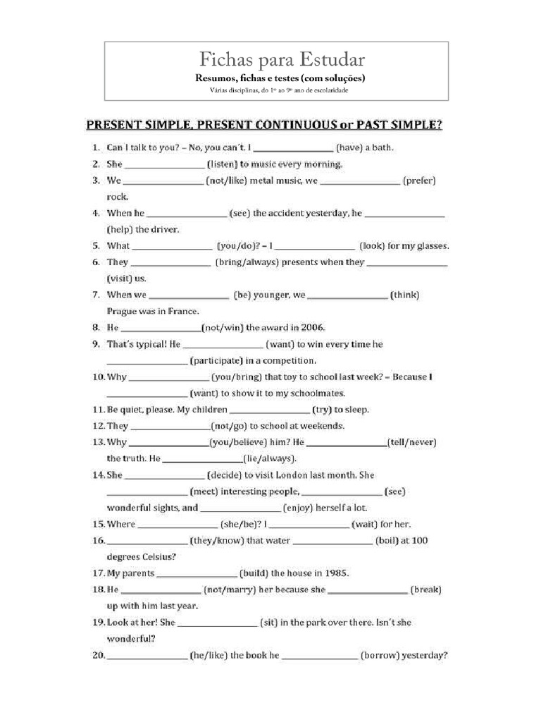 Ficha Ingles 8 Ano Present Simples Vs Present Continuous Vs Past Simple ...