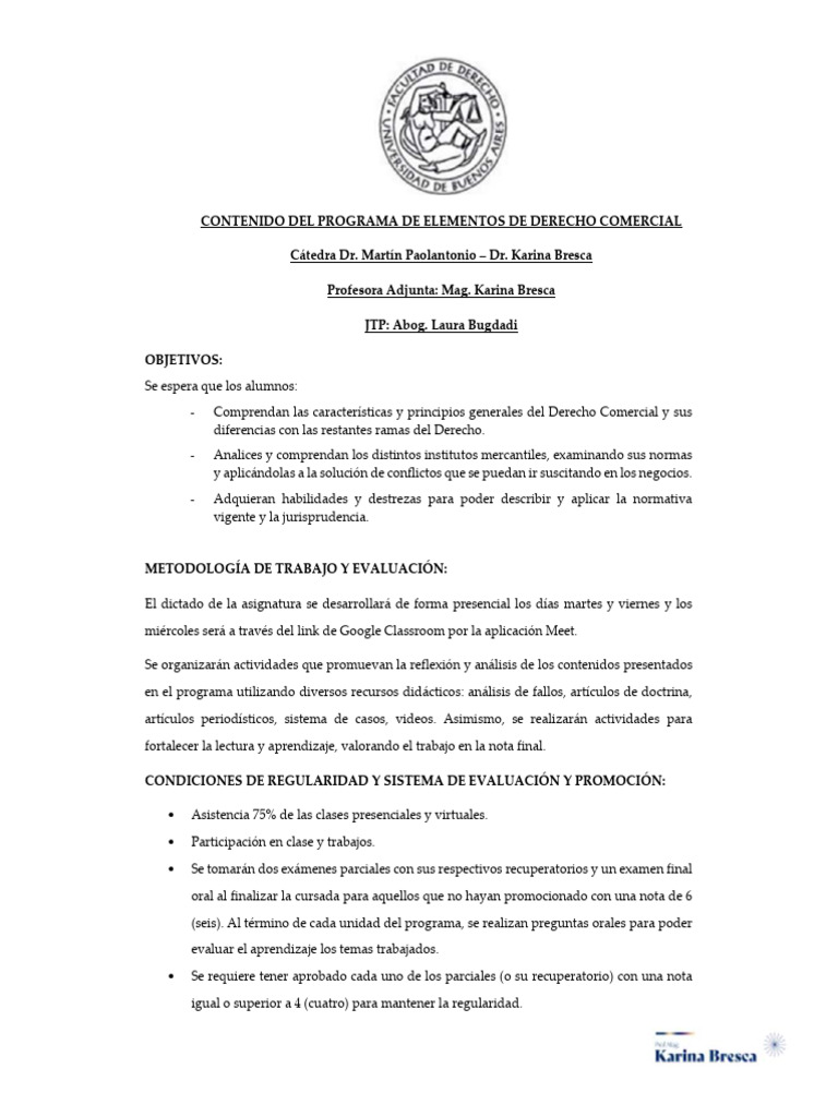 Contenido y Cronograma de Elementos de Derecho Comercial 1c2025 | PDF ...