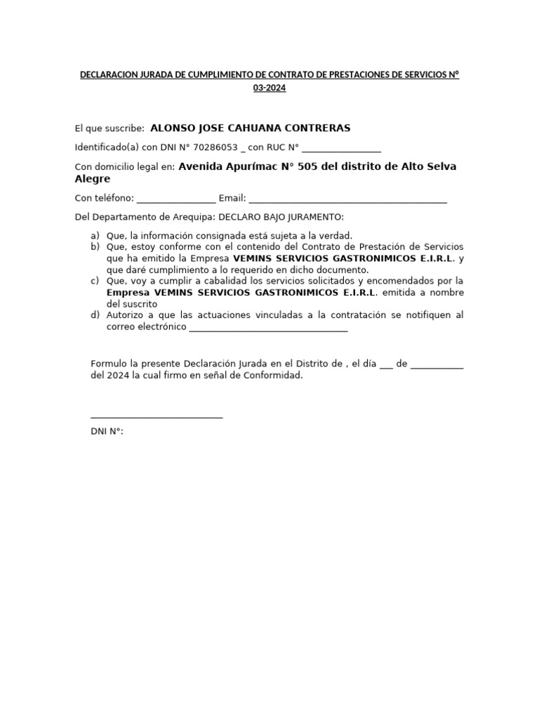 Declaración Jurada de VEMINS 2024 | PDF