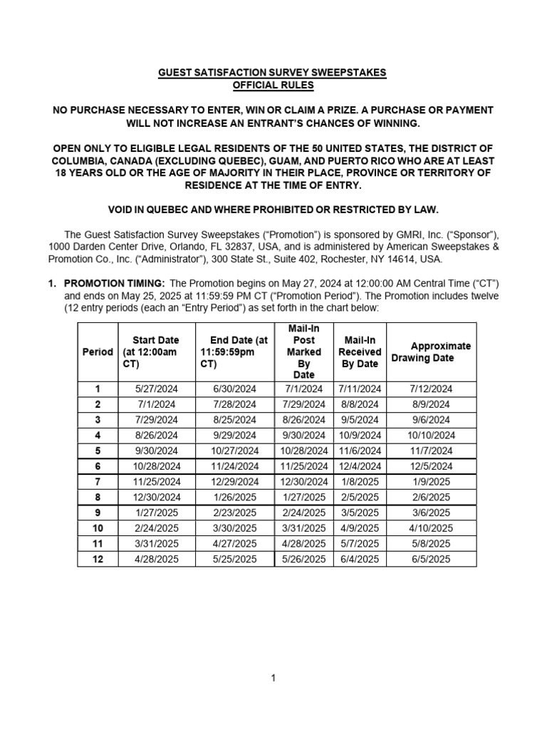 Guest Satisfaction Survey Sweepstakes Rules | PDF