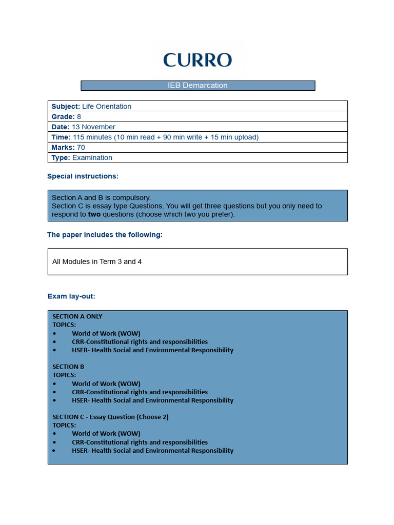 Grade 8 Life Orientation Exam Guide | PDF