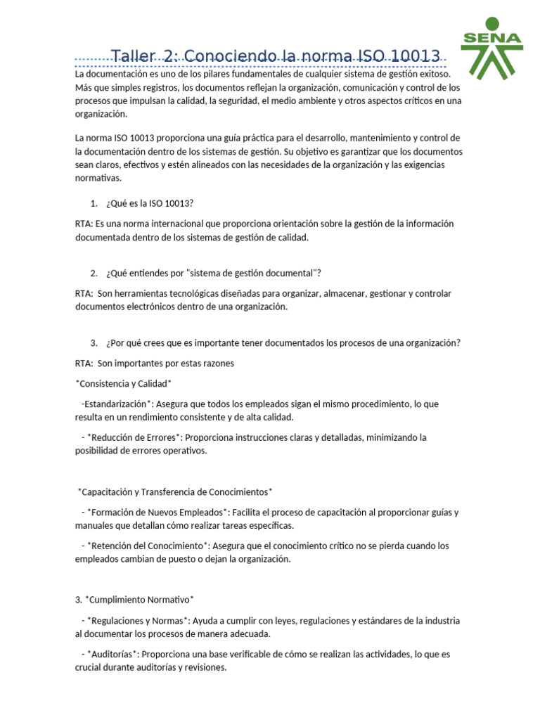 Taller 2 - Conociendo La Norma ISO 10013 A | PDF | Calidad (comercial ...