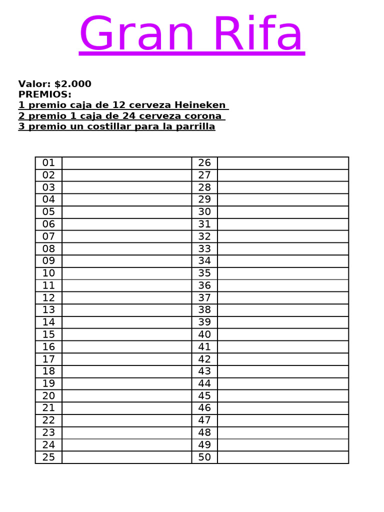 Plantilla Rifa 50 Números para Imprimir | PDF