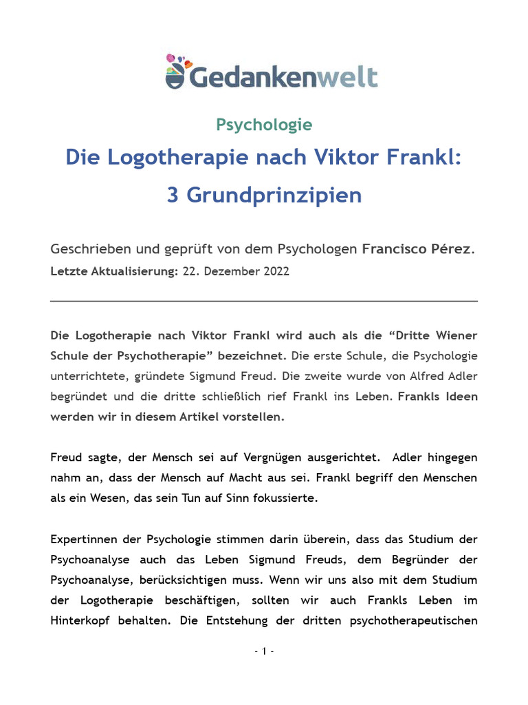 Die Logotherapie Nach Viktor Frankl. 3 Grundprinzipien | PDF