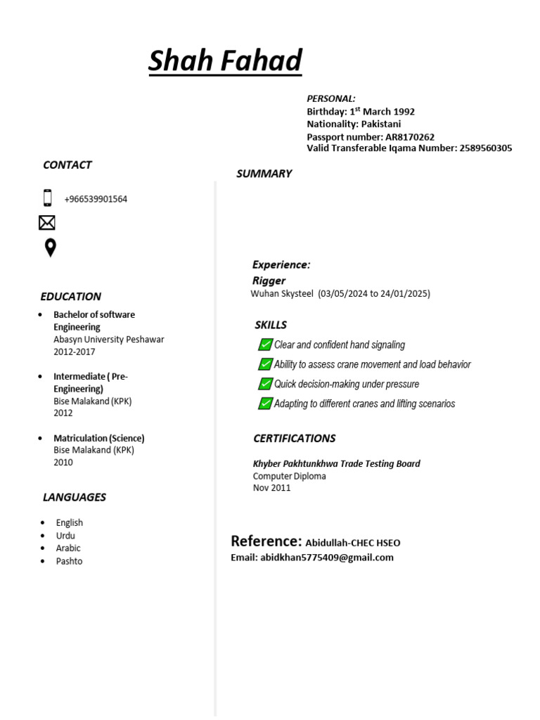 Level 3 Rigger CV of Shah Fahad | PDF