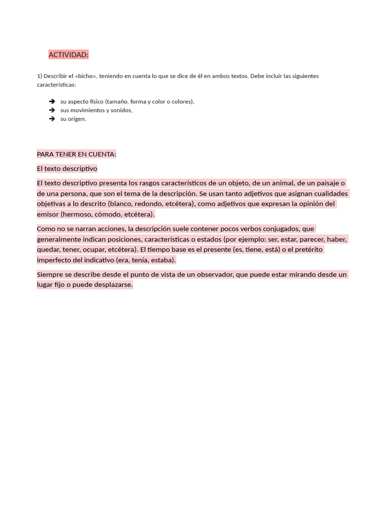 Actividad de Descripcion Del Bicho | PDF