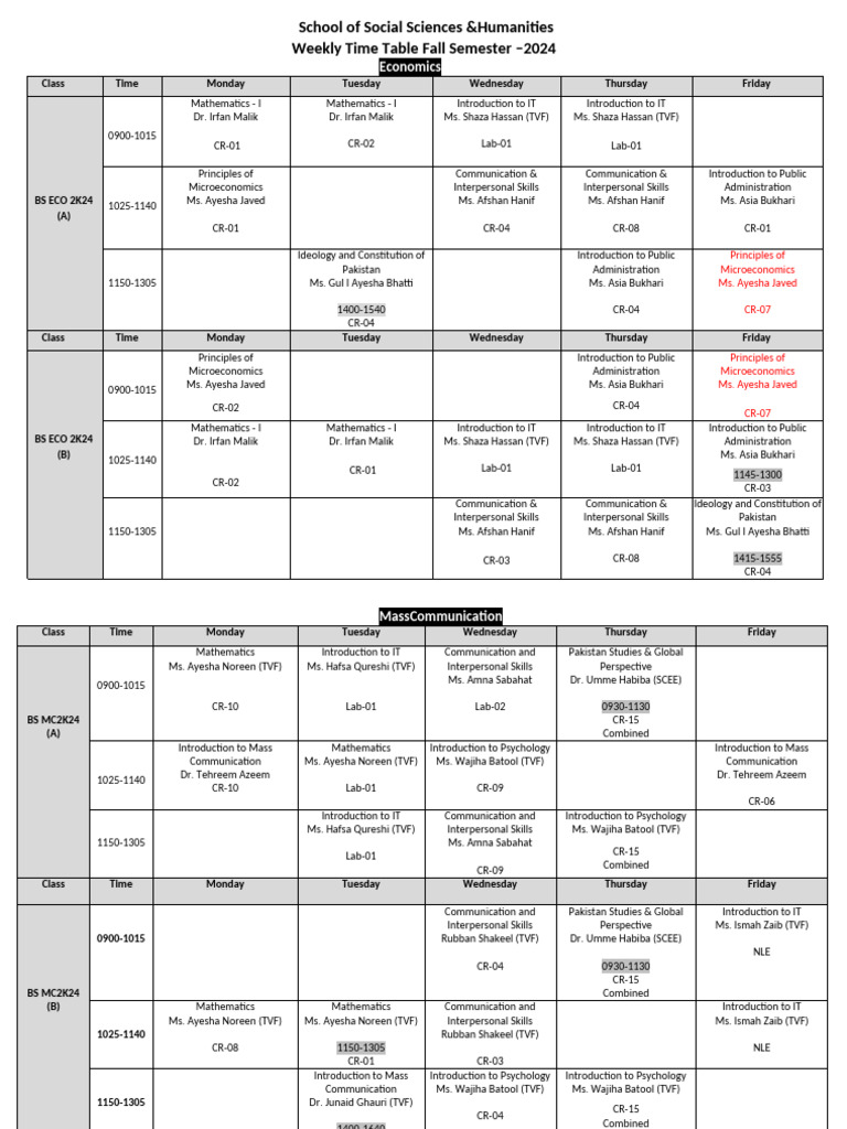 UG Time Table Fall 2024 | PDF