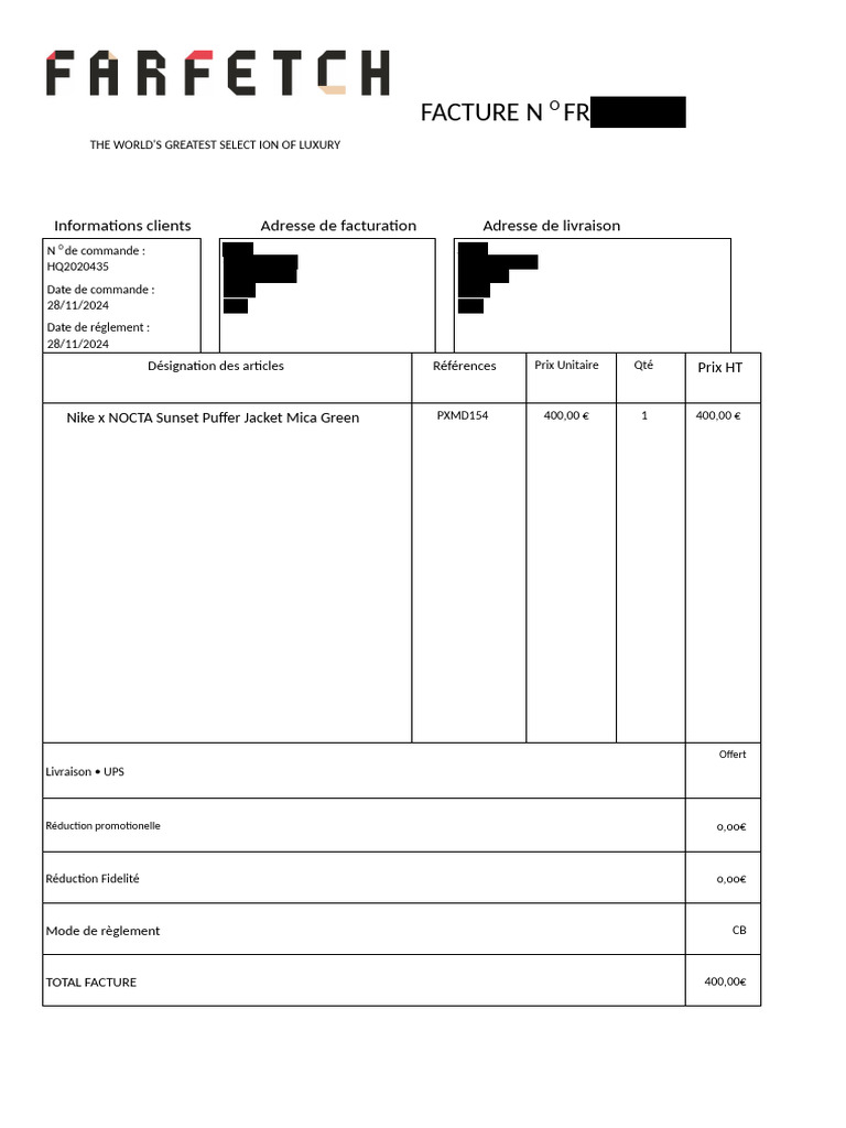 Facture Farfetch N° FR8232532 | PDF