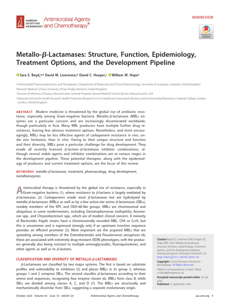 Metallo-β-Lactamases: Structure & Treatment | PDF | Beta Lactamase ...