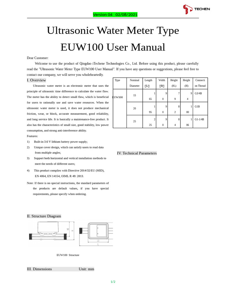 Ultrasonic Water Meter EUW100 Manual | PDF | Pipe (Fluid Conveyance ...