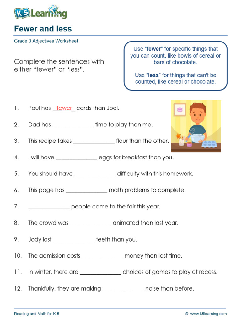 Fewer vs. Less Worksheet for Grade 3 | PDF