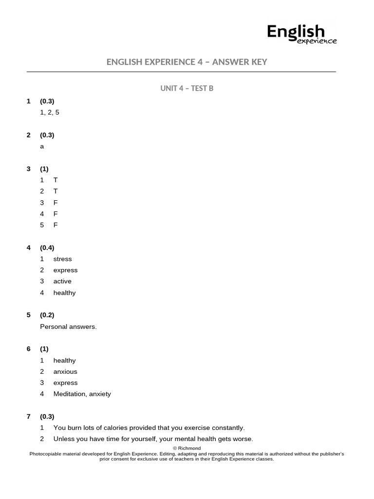 Tests Unit4 B Answers Vol4a Ef2 Pdf Behavioural Sciences Mental