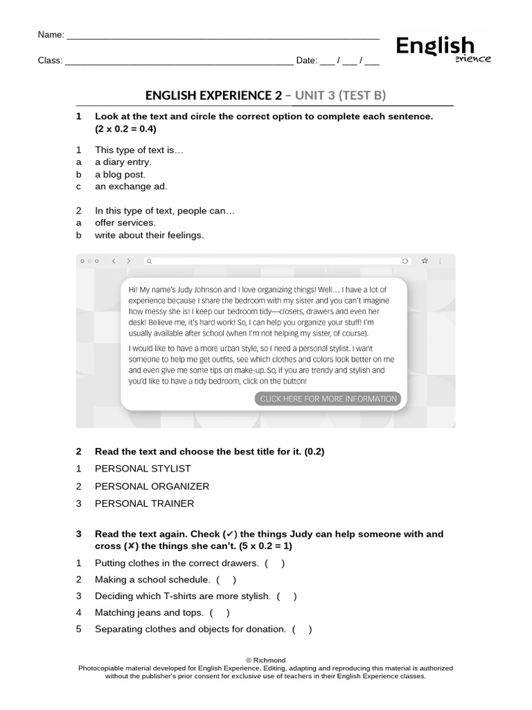 English Experience Unit 3 Test B | PDF | Cognition | Human Communication