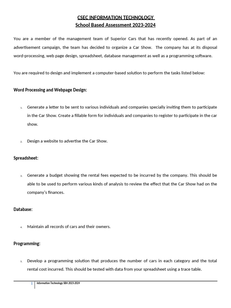 Csec It Sba 2023-24 - Car Show | PDF | Spreadsheet | Databases