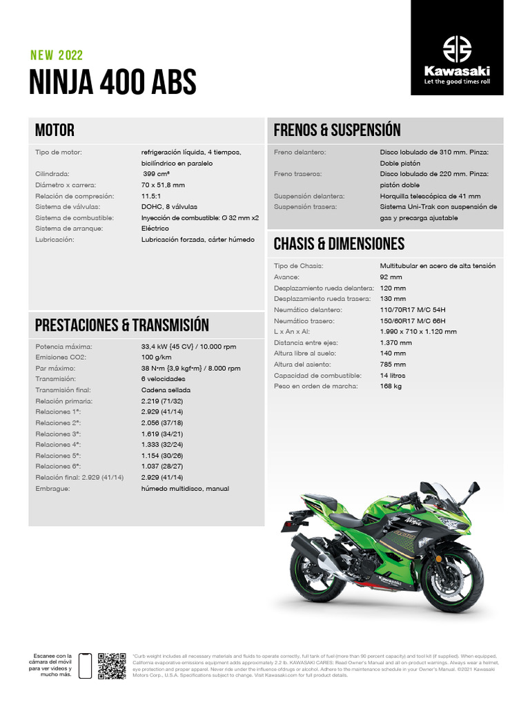 Especificaciones Kawasaki Ninja 400 2022 | PDF | Tecnologías ...
