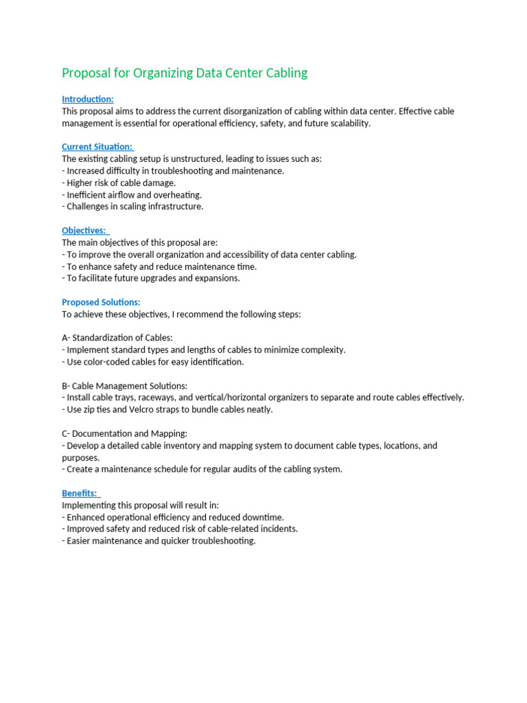 Data Center Cabling Organization Proposal | PDF