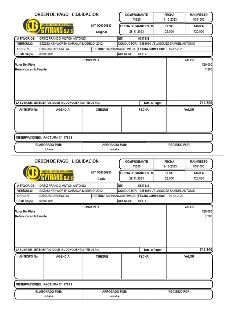 Orden de Pago y Liquidación de Flete | PDF