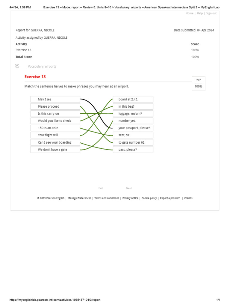 Airport Vocabulary Exercise Report | PDF