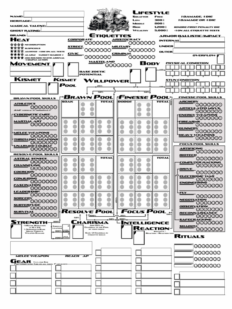 SINLESS Character Sheet Complete Fillable | PDF