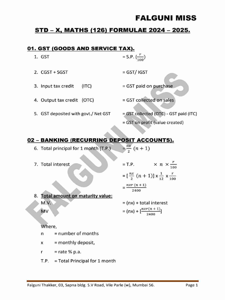 X Formulae Sheet 24-25 | PDF