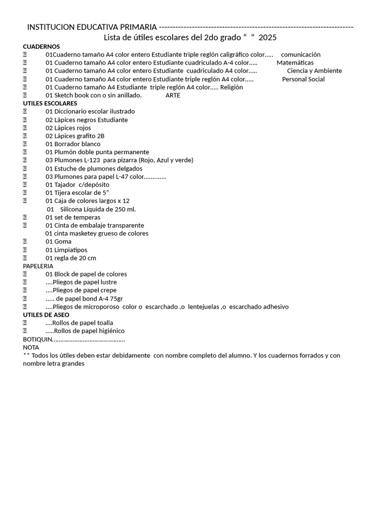Útiles escolares 2do grado 2025 | PDF