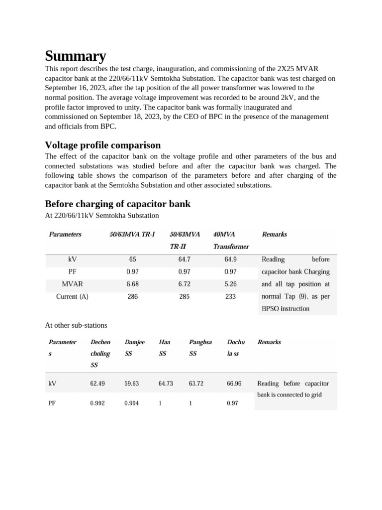 Semtokha Substation Capacitor Bank Report | PDF