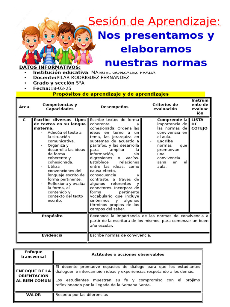 5° Grado Dia 1 Com. Nos Presentamos y Elaboramos Nuestras Normas de ...