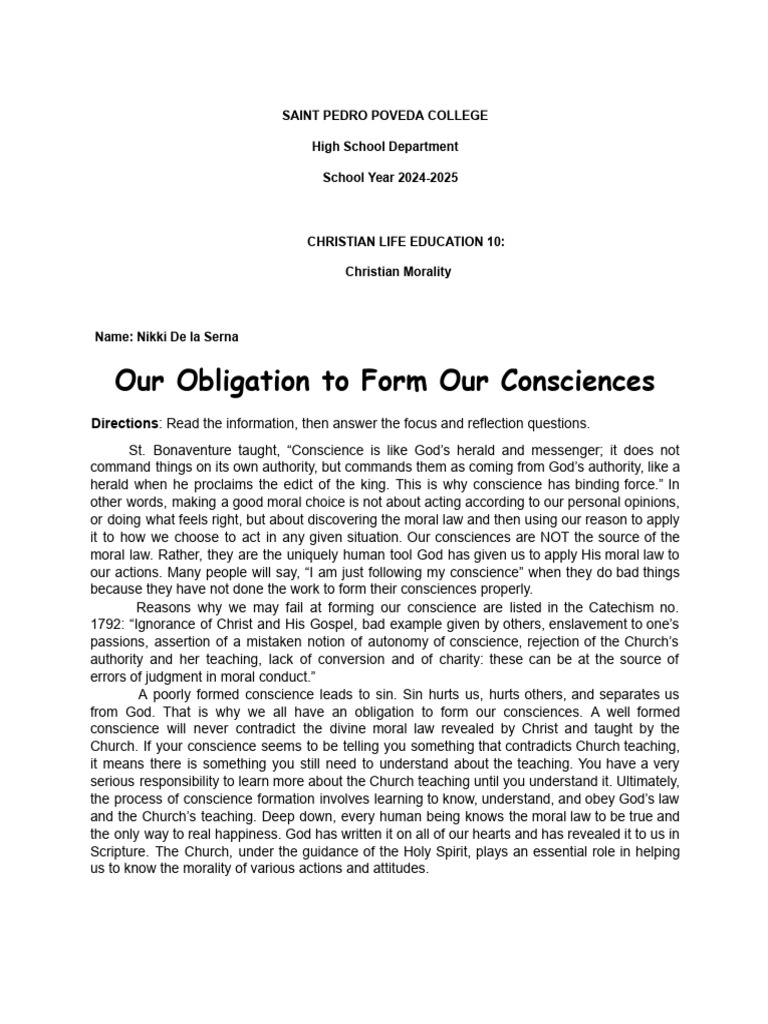 Our Obligation To Form Our Conscience | PDF | Conscience | God