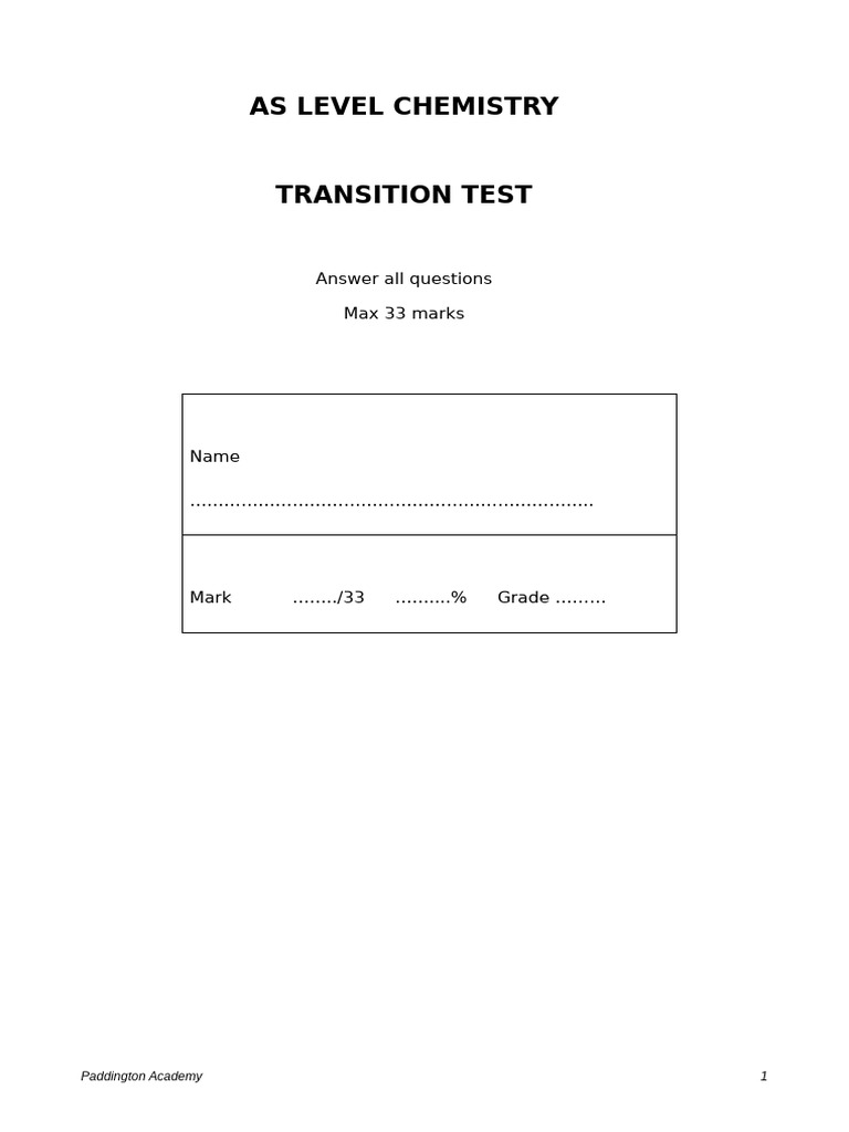 AS Level Chemistry Transition Test | PDF | Isotope | Atoms