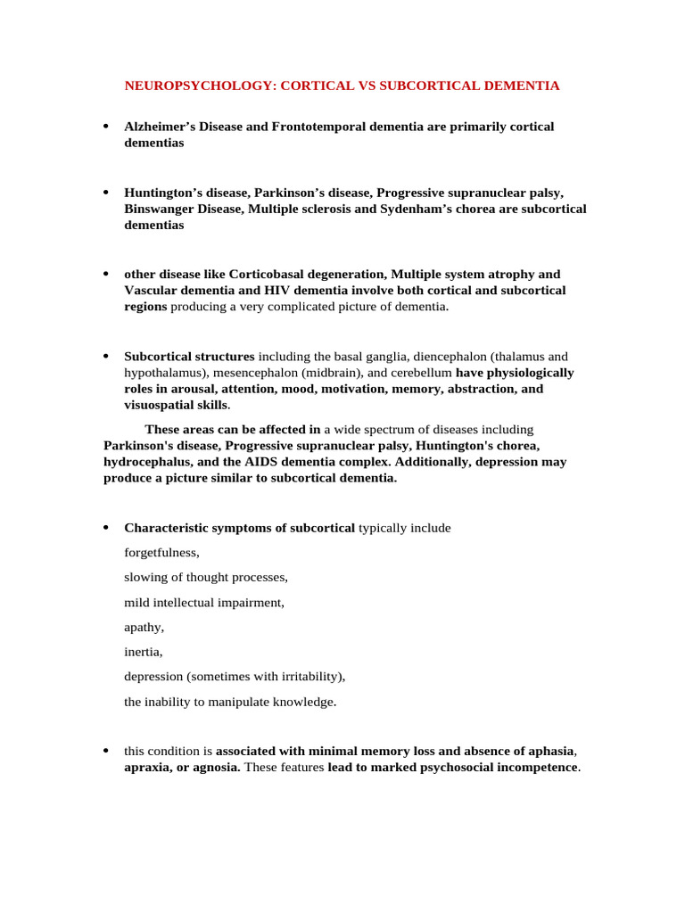 Cortical vs Subcortical Dementia Overview | PDF | Dementia | Memory