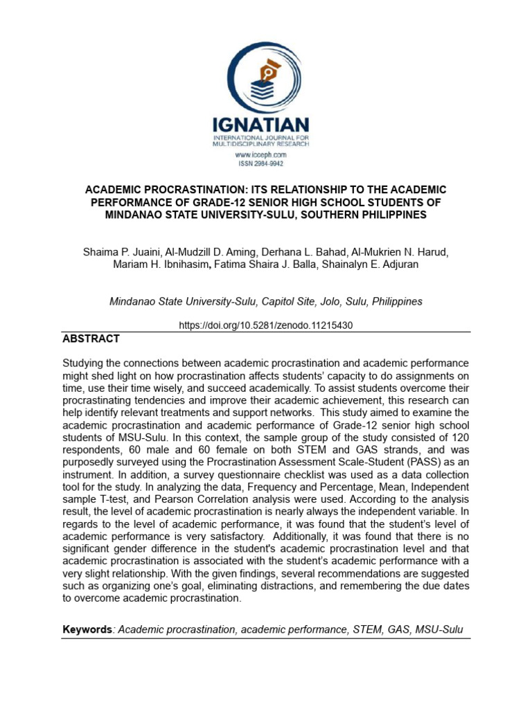 Procrastination and Academic Performance in MSU-Sulu | PDF ...